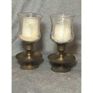Vintage Brass Candle Holders Pair Glass Hurricane Shades Mid Century 7 Inch